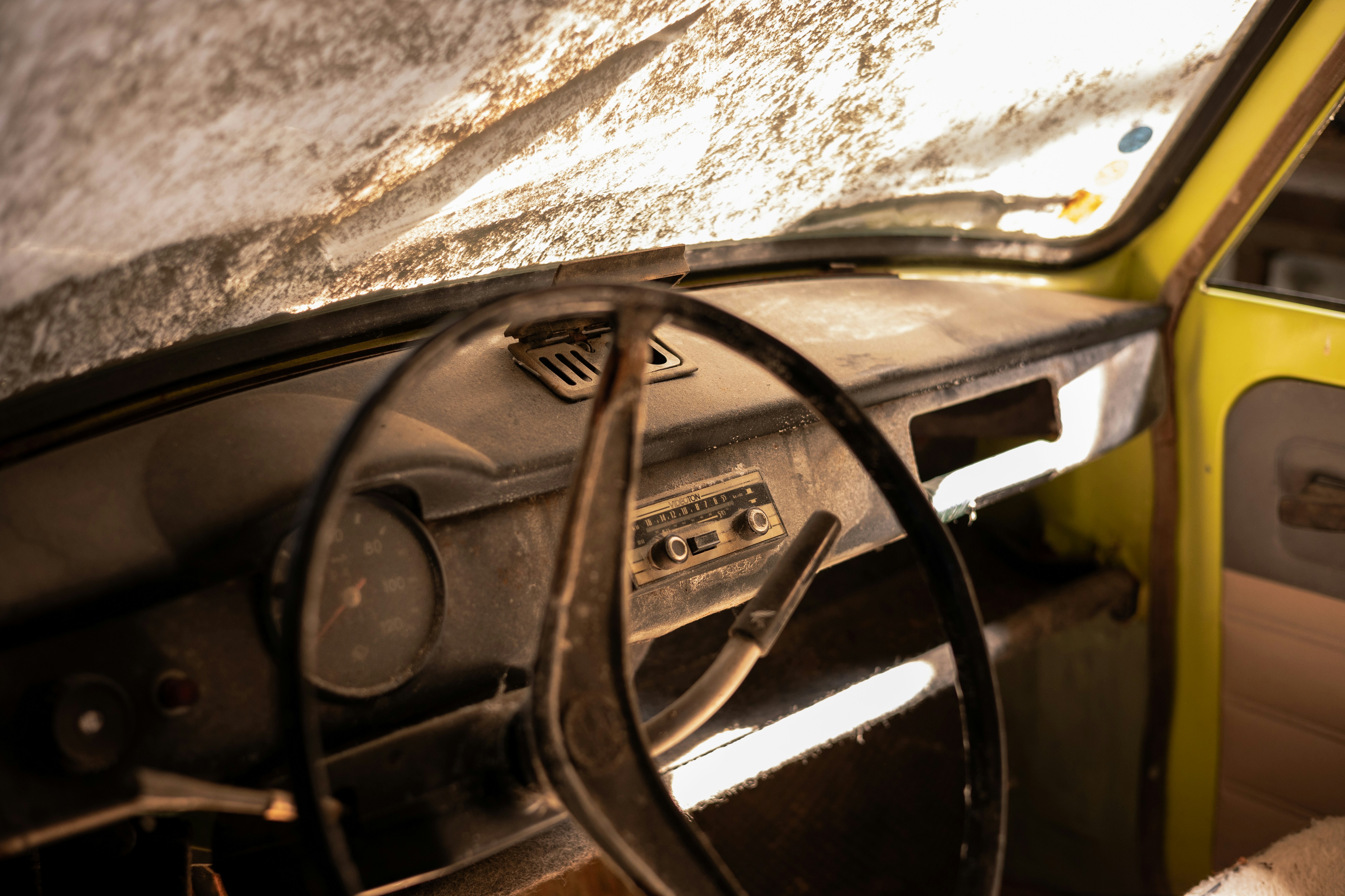 Dirty vehicle interior with stains and buildup